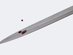 CU SLO MO Shot of Knife with Blood Dripping from Blade against White Background / Calvados, Normandy, France Stock Footage