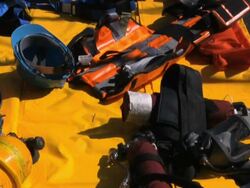 Firefighters presenting rescue and safety equipment. Stock Footage