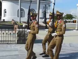 MS PAN Santiago Cuba soldiers changing guard at Santa Ifigenia Cemetery and mausoleum of Jose Marti marching / Santiago,  Cuba Stock Footage