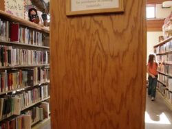 WS Girl walking between bookshelves at library / Flagstaff, Arizona, USA Stock Footage