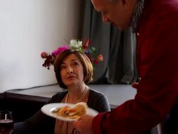 Chef serving food to the heiress, two scenes in restaurant Stock Footage