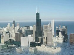 High Angle static - Swollen ocean waters flood Chicago in a futuristic animation. / Chicago, Illinois, USA Stock Footage