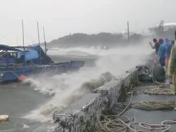 Hurricane Storm Surge Waves Crash Into Harbor Stock Footage