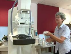 MS Shot of doctor cleaning after completing mammographic screening for breast cancer prevention / Wiesbaden, Hesse, Germany Stock Footage