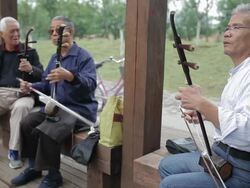 MS Old man playing chinese traditional musical instruments(Erhu and the Banhu) in park /Xi'an, Shaanxi, China Stock Footage