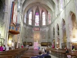 Santa Maria del Pi Basilica, interior of the apse and altar, Barcelona. Stock Footage