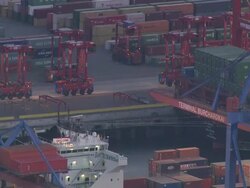 AERIAL MS ZI View of contenar yard  / Hamburg, Hamburg, Germany Stock Footage