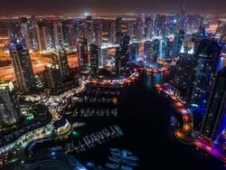 High view on Dubai Marina and Sheikh Zayed Road at night Stock Footage