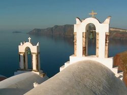 WS View of church bell at village Oia with Ocean / Santorini, Cyclades, Greece Stock Footage