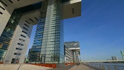 Crane Houses at Rheinau Harbour, Cologne, North Rhine-Westphalia, Germany Stock Footage