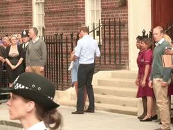 The Duke and Duchess of Cornwall emerge for the first time since giving birth to their unnamed son, the future British King, then depart St. Mary's Hospital in London, England, UK on 7/23/13. (Getty Images Entertainment Video) Stock Footage