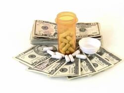 Money and medicine. Medical expenses. Dollars, cash, drugs, pills. Stock Footage