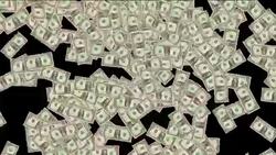 American dollar bills fall in front of a black background and transition to reverse exposure. Stock Footage