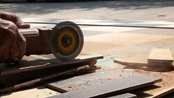 Slow-motion, Electric saw cutting tiles floor Stock Footage