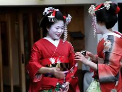 Japanese Geisha girls taking pictures of themselves in a Japanese street, Japan, Asia Stock Footage