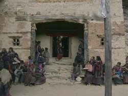 MS Two Mock fighting at ringmo monastery during Bon-Po religious festival / Himalayas, Upper Dolpo, Nepal     Stock Footage