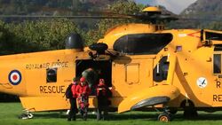 An RAF search and rescue Sea King helicopter, in Ambleside, Lake District, UK. Stock Footage