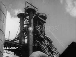 1952: TATA IRON & STEEL: TD WS Train car pulling molten iron & slag cars,  Angled WS Steel mill w/ barrel being lowered on smokestacks ramp. 1942: HA Angled WS TATA Sakchi Plant, people leaving, arriving, VS Workers coming, going from factory. Instructional Video