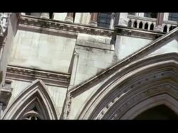 CU Pan left, Royal Courts of Justice entrance, angled, London, England Stock Footage