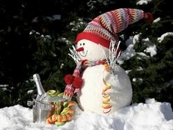snowman with ice bucket and streamer Stock Footage