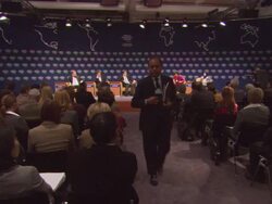 WS Man in audience exiting forum discussion AUDIO / Davos, Graubunden, Switzerland Stock Footage