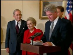 1997 zoom in past Bill Clinton to close up Madeleine Albright / Al Gore obscured by Clinton in background /Washington DC Stock Footage