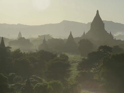 WS HA Shot of Ancient temples at Pagodas field at sunset / Bagan, Mandalay Division, Myanmar Stock Footage