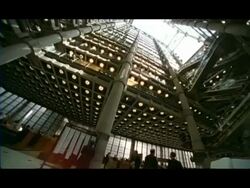 MS Low angle pan left around Lobby of Lloyds Building, London, England Stock Footage