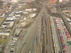 MS AERIAL Shot of railway tracks in Charlotte city / North Carolina, United States Stock Footage