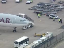 Manchester airport aerials of Qatar Airways plane which was the subject of a hoax bomb threat News Clip