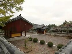 MS ZO Traditional Roof tile houses(Choksuknoo) at Jinjuseong Castle / Jinju, Gyeongsangnamdo, South Korea Stock Footage