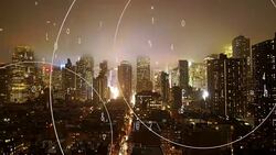 data stream symbolizing global network connection. numbers statistics background. city business district Stock Footage