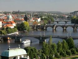 View of the River Vltava and bridges including the Charles bridge, Prague, Czech Republic Stock Footage