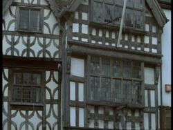 Harvard House, Stratford-upon-Avon - CU section, elaborate Tudor style Stock Footage