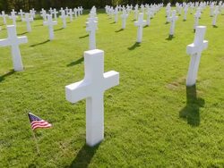 MS HA View of American war cemetery site and country flag / Sandweiler, Luxembourg Stock Footage