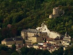 AERIAL Chateau de la Roche-Guyon/ Roche-Guyon, France Stock Footage