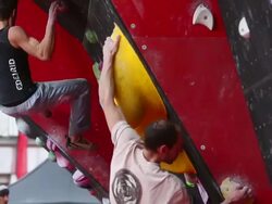 Long shot of climbers competing for the top. Stock Footage