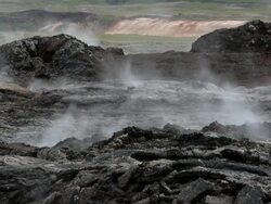 Geothermal area in the Krafla Volcanic Region Iceland, Smoking  fields of volcanic lava. Stock Footage