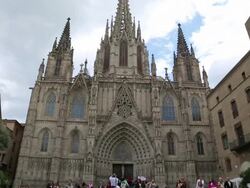 Cathedral (Cathedral of Santa Eulalia), view of the main facade, Barcelona, Spain Stock Footage