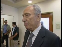Israeli Cabinet meeting; comment from Peres, Olmert News Clip