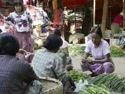 MS Shot of Women selling vegetables on nyaung u market / Bagan, Mandalay Division, Myanmar Stock Footage