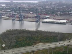 MS AERIAL PAN Shot of traffic moving on Arthur Ravenel Jr Bridge / South Carolina, United States Stock Footage