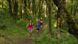 Ultra marathon runner running outdoors in the woods Stock Footage