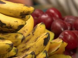 "CU of fresh bananas, red grapes and star fruit, Chachapoyas market, Chachapoyas, Peru [PerÃƒÂº]" Stock Footage