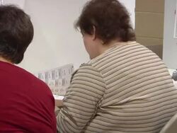 MS, PAN, People sitting at voting booth, St. Marys, Ohio, USA Stock Footage