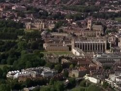 Aerial Clare College, King's College Chapel and nearby buildings at University of Cambridge / England Stock Footage