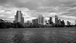 normal speed black and white Lou Neff Point Colorado River Side Austin Texas Skyline Dramatic Sky urban emotions Stock Footage