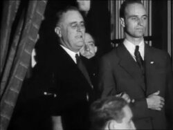 B/W 1932 Franklin Roosevelt standing next to other man shouting / election night Stock Footage
