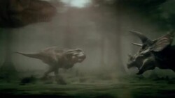 Dinosaurs battle in a forest: a Tyrannosaurus investigates a dinosaur hatchling. Stock Footage