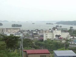WS ZO View of Harbor in Matsushima with city / Matsushima, Miyagi, Japan Stock Footage